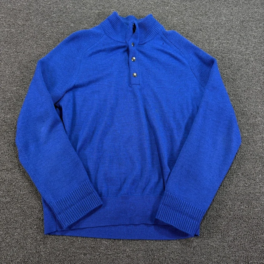 Banana Republic Sweater Mens L Mixed Gauge Mock Neck Blue Wool Blend Button EUC